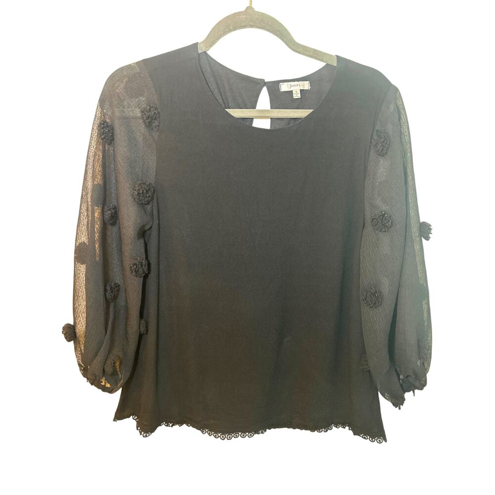 Jodiful Women’s Black Blouse Sheer Patterned Balloon Sleeves Top